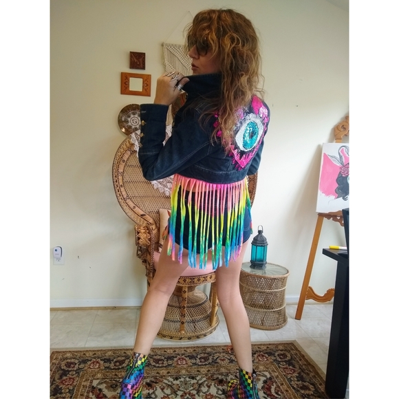 'Woodstock' tie dye fringe upcycled jacket - Picture 2 of 4